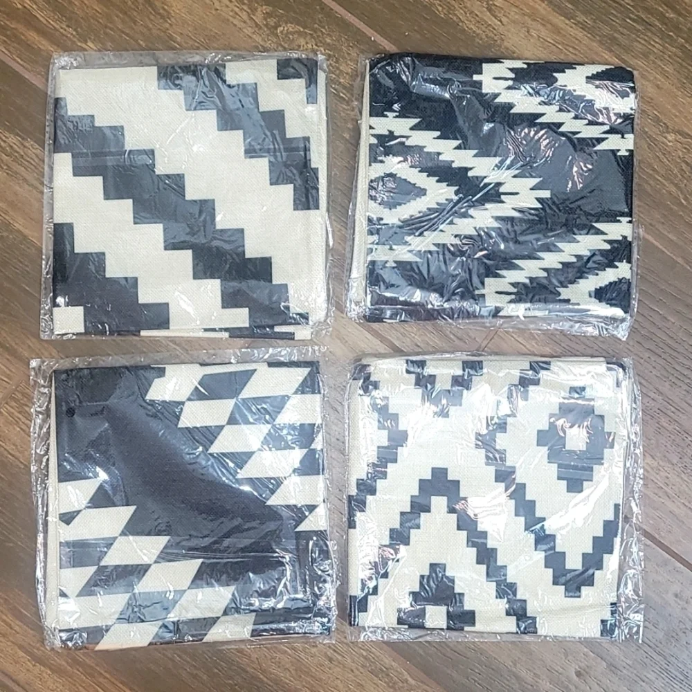 Geometric Jute Pillow Cases Set of 4 Black Cream